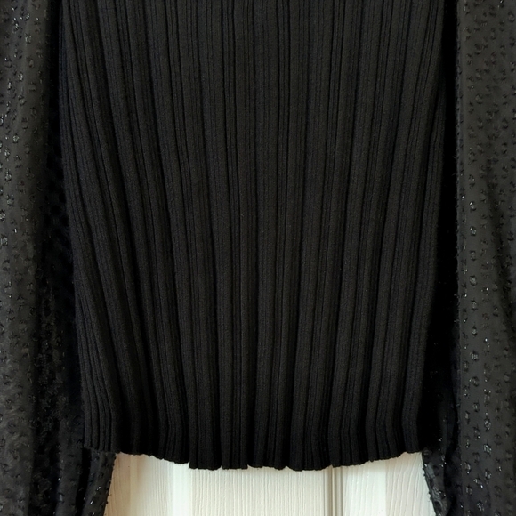 Anthropologie Ribbed Knit Scoop Neck Sheer Shimmer Puff Sleeve Sweater Black S - Picture 5 of 10